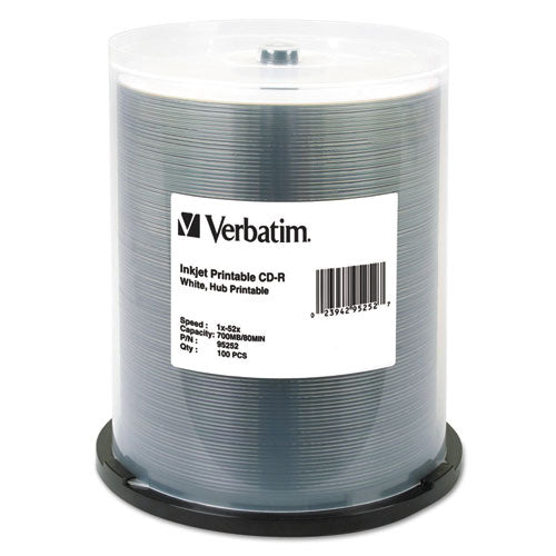 Verbatim® wholesale. Cd-r, 700mb, 52x, White Inkjet Printable, Hub Printable, 100-pk Spindle. HSD Wholesale: Janitorial Supplies, Breakroom Supplies, Office Supplies.