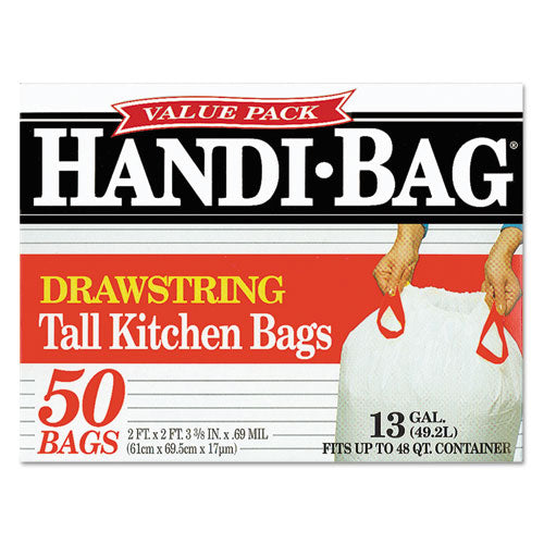 Handi-Bag® wholesale. Drawstring Kitchen Bags, 13 Gal, 0.6 Mil, 24" X 27.4", White, 50-box, 6 Boxes-carton. HSD Wholesale: Janitorial Supplies, Breakroom Supplies, Office Supplies.