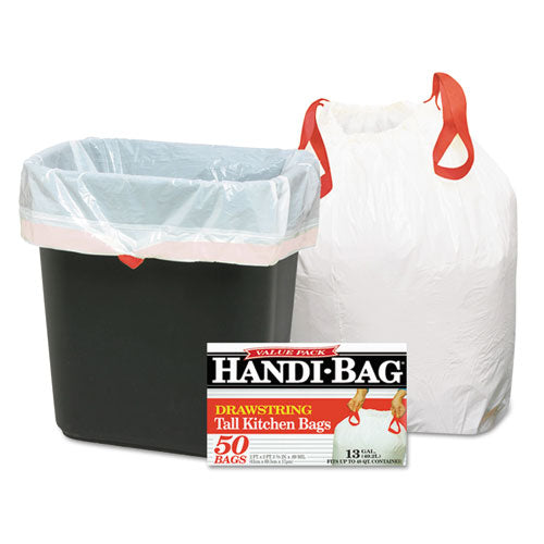 Handi-Bag® wholesale. Drawstring Kitchen Bags, 13 Gal, 0.6 Mil, 24" X 27.4", White, 50-box, 6 Boxes-carton. HSD Wholesale: Janitorial Supplies, Breakroom Supplies, Office Supplies.
