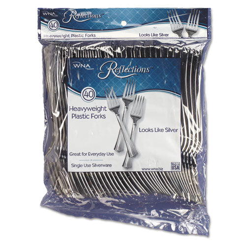 WNA wholesale. Reflections Heavyweight Plastic Utensils, Fork, Silver, 7", 40-pack, 8 Packs-carton. HSD Wholesale: Janitorial Supplies, Breakroom Supplies, Office Supplies.