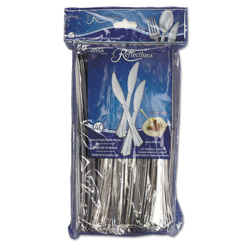 WNA wholesale. Reflections Heavyweight Plastic Utensils, Knife, Silver, 7 1-2", 40-pack. HSD Wholesale: Janitorial Supplies, Breakroom Supplies, Office Supplies.
