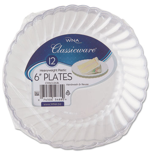 WNA wholesale. Classicware Plastic Plates, 6" Dia., Clear, 12 Plates-pack, 15 Packs-carton. HSD Wholesale: Janitorial Supplies, Breakroom Supplies, Office Supplies.