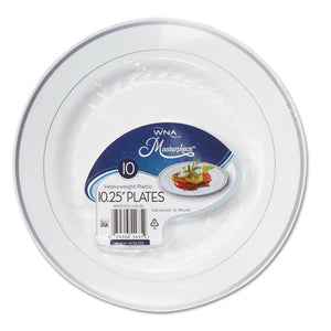 WNA wholesale. Masterpiece Plastic Dinnerware, White-silver, 10 1-4", 10-pack. HSD Wholesale: Janitorial Supplies, Breakroom Supplies, Office Supplies.