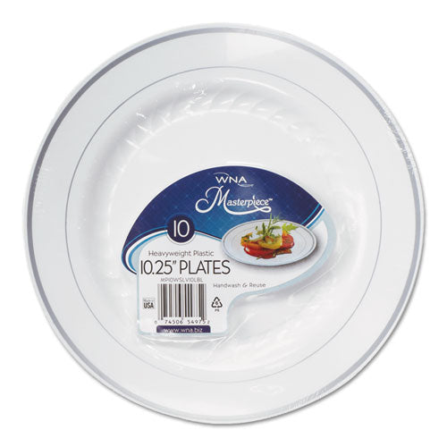 WNA wholesale. Masterpiece Plastic Plates, 10.25 In, White W-silver Accents, Round, 120-carton. HSD Wholesale: Janitorial Supplies, Breakroom Supplies, Office Supplies.