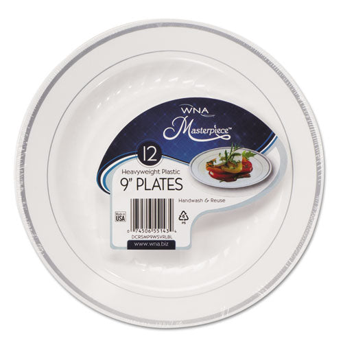 WNA wholesale. Masterpiece Plastic Dinnerware, White-silver, 9", 10-pack. HSD Wholesale: Janitorial Supplies, Breakroom Supplies, Office Supplies.