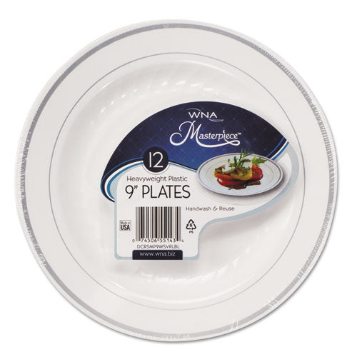 WNA wholesale. Masterpiece Plastic Plates, 9 In, White W-silver Accents, Round, 120-carton. HSD Wholesale: Janitorial Supplies, Breakroom Supplies, Office Supplies.