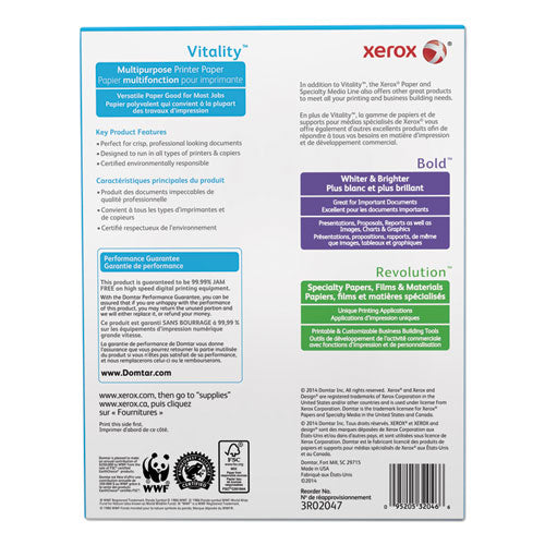 xerox™ wholesale. XEROX Vitality Multipurpose Print Paper, 92 Bright, 20 Lb, 8.5 X 11, White, 500 Sheets-ream, 10 Reams-carton. HSD Wholesale: Janitorial Supplies, Breakroom Supplies, Office Supplies.