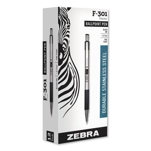 Zebra® wholesale. Zebra® F-301 Retractable Ballpoint Pen, 0.7 Mm, Black Ink, Stainless Steel-black Barrel. HSD Wholesale: Janitorial Supplies, Breakroom Supplies, Office Supplies.