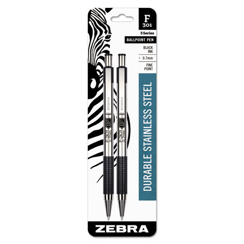 Zebra® wholesale. Zebra® F-301 Retractable Ballpoint Pen, 0.7 Mm, Black Ink, Stainless Steel-black Barrel, 2-pack. HSD Wholesale: Janitorial Supplies, Breakroom Supplies, Office Supplies.