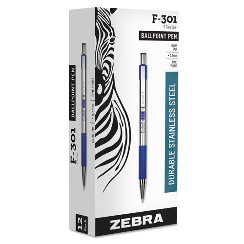Zebra® wholesale. Zebra® F-301 Retractable Ballpoint Pen, 0.7 Mm, Blue Ink, Stainless Steel-blue Barrel. HSD Wholesale: Janitorial Supplies, Breakroom Supplies, Office Supplies.