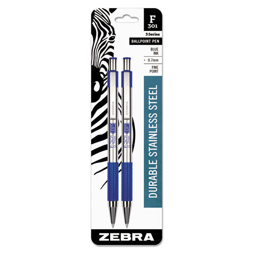 Zebra® wholesale. Zebra® F-301 Retractable Ballpoint Pen, 0.7 Mm, Blue Ink, Stainless Steel-blue Barrel, 2-pack. HSD Wholesale: Janitorial Supplies, Breakroom Supplies, Office Supplies.