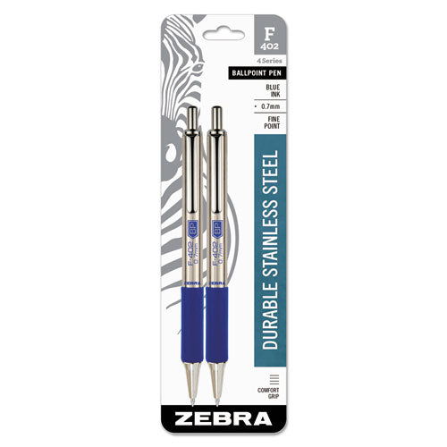 Zebra® wholesale. Zebra® F-402 Retractable Ballpoint Pen, 0.7mm, Blue Ink, Stainless Steel-blue Barrel, 2-pack. HSD Wholesale: Janitorial Supplies, Breakroom Supplies, Office Supplies.