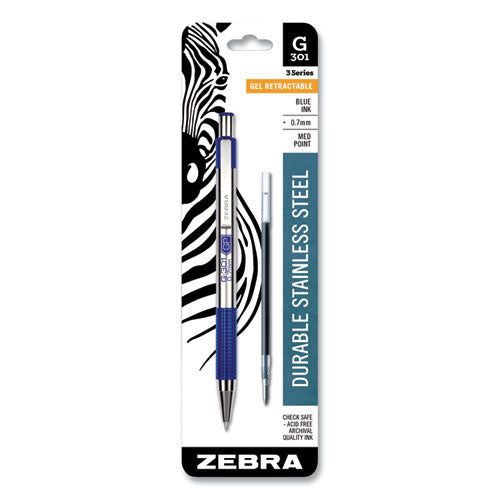 Zebra® wholesale. Zebra® G-301 Retractable Gel Pen, Medium 0.7 Mm, Blue Ink, Stainless Steel-blue Barrel. HSD Wholesale: Janitorial Supplies, Breakroom Supplies, Office Supplies.