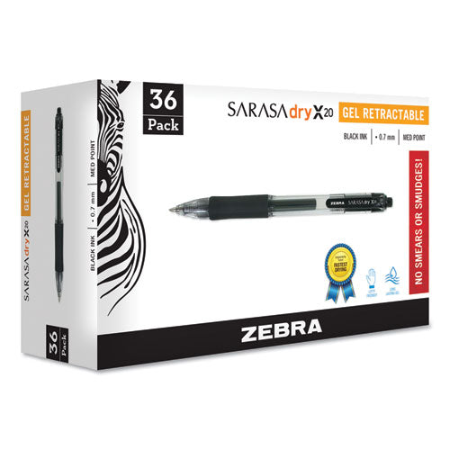 Zebra® wholesale. Zebra® Sarasa Dry Gel X20 Retractable Gel Pen, Medium 0.7mm, Black Ink, Smoke Barrel, 36-pack. HSD Wholesale: Janitorial Supplies, Breakroom Supplies, Office Supplies.