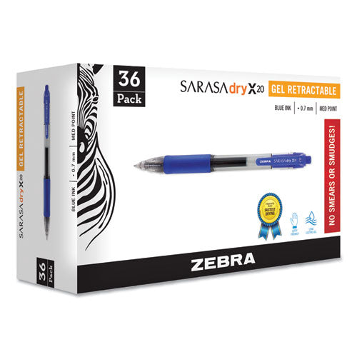 Zebra® wholesale. Zebra® Sarasa Dry Gel X20 Retractable Gel Pen, Medium 0.7mm, Blue Ink, Translucent Blue Barrel, 36-pack. HSD Wholesale: Janitorial Supplies, Breakroom Supplies, Office Supplies.