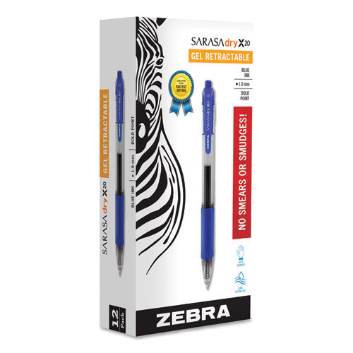 Zebra® wholesale. Zebra® Sarasa Dry Gel X20 Retractable Gel Pen, Bold 1mm, Blue Ink, Translucent Blue Barrel, Dozen. HSD Wholesale: Janitorial Supplies, Breakroom Supplies, Office Supplies.