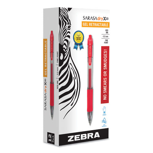 Zebra® wholesale. Zebra® Sarasa Dry Gel X20 Retractable Gel Pen, Fine 0.5mm, Red Ink, Translucent Red Barrel, Dozen. HSD Wholesale: Janitorial Supplies, Breakroom Supplies, Office Supplies.