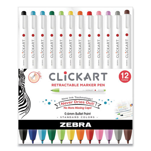Clickart Porous Point Pen, Retractable, Fine 0.6 Mm, Assorted Ink Colors, White Barrel, 12-pack